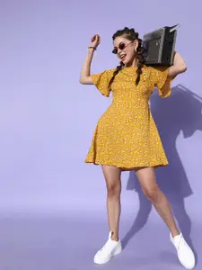 DressBerry Women Stylish Mustard Floral 70s Mini Dress