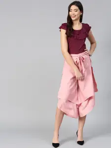 Bitterlime Women Burgundy & Peach-Coloured Solid Top with Trousers