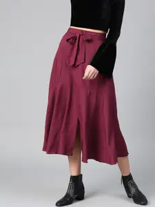 Bitterlime Women Burgundy Solid Midi A-Line Skirt
