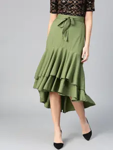 Bitterlime Women Olive Green Ruffled Layered A-line Skirt