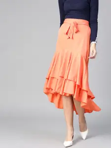 Bitterlime Women Coral Orange Ruffled Layered A-line Skirt