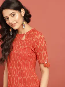 Taavi Women Orange Woven Design Ikat Straight Sustainable Kurta with Tassel Detai
