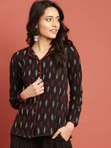 Taavi Black & Maroon Woven Design Ikat Shirt Style Sustainable Pure Cotton Top
