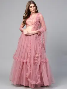 Inddus Women Dusty Pink Solid Semi-Stitched Lehenga & Unstitched Blouse with Dupatta