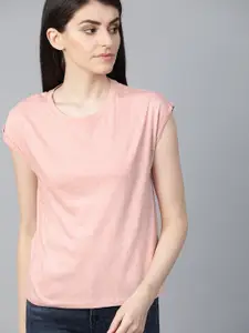 Roadster Women Pink  White Printed Round Neck Pure Cotton T-shirt