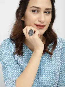 Fida Women Oxidised Silver-Toned Dome Destiny Finger Ring