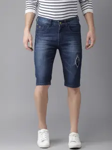 Campus Sutra Men Blue Washed Low Distress Slim Fit Denim Shorts
