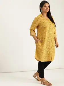 Sztori Plus Size Women Mustard Yellow  Black Floral Printed Pathani Kurta