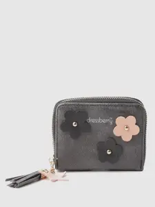 DressBerry Women Charcoal Grey Applique Detail Zip Around Wallet