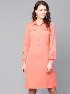 Zima Leto Women Coral Pink Solid Shirt Dress