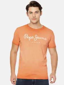 Pepe Jeans Men Rust Coloured Printed Round Neck Pure Cotton T-shirt