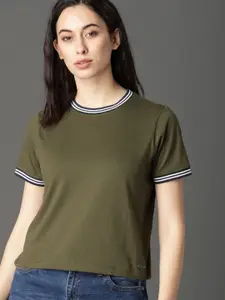 Roadster Women Olive Green Solid Round Neck Pure Cotton T-shirt