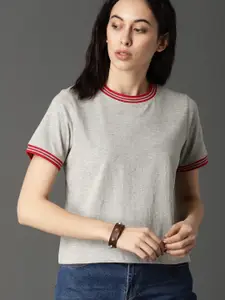 Roadster Women Grey Solid Round Neck Pure Cotton T-shirt