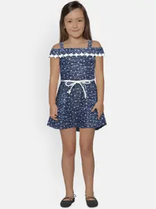 Peppermint Girls Blue Printed Fit and Flare Dress