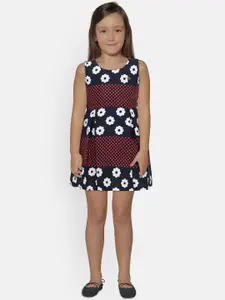 Peppermint Girls Navy Blue & Red Printed Fit & Flare Dress