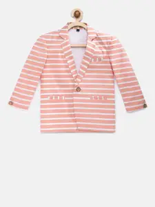 Rikidoos Boys Peach Colored Striped Single Breasted Pure Cotton Blazer