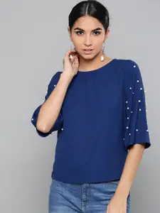 Harpa Women Navy Blue Solid Top with Studded Detail