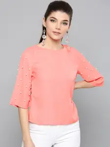 Harpa Women Pink Solid Top with Studded Detail