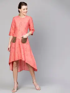 SASSAFRAS Women Coral Pink Printed A-Line Dress