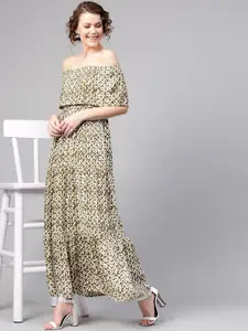 SASSAFRAS Women Olive Green & Off-White Printed Tiered Maxi Dress