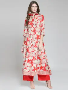 Sera Women Red & Off-White Floral Printed A-Line Kurta