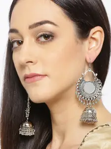 YouBella Oxidised Silver-Plated Mirror Work Dome Shaped Jhumkas