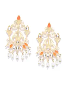 YouBella Orange & Off-White Gold-Plated Stone-Studded & Beaded Classic Drop Earrings