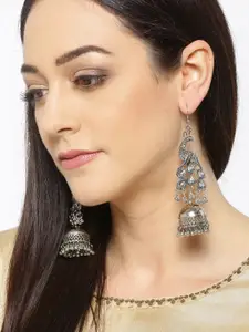 YouBella Oxidised Silver-Plated Textured Peacock Shaped Jhumkas