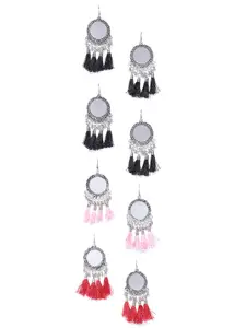 YouBella Set of 4 Oxidised Silver-Plated Mirrored Tasselled Circular Drop Earrings