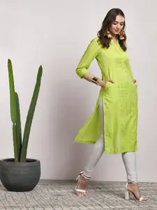 Sangria Women Green Embroidered Band Collar Straight Fit Kurta With 3/4th Sleeves