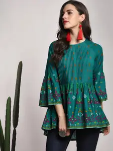 Sangria Green Floral High-Low Pure Cotton Top With Bell Sleeves