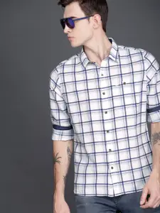 WROGN Men White & Blue Slim Fit Checked Casual Shirt