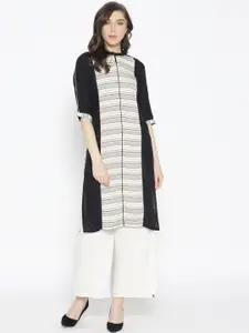 AURELIA Women Black & Off-White Striped Woven Design Straight Kurta