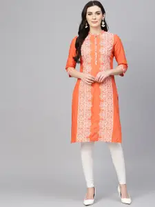 W Women Orange & White Printed Straight Kurta