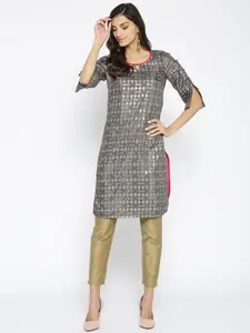 AURELIA Women Grey & Golden Printed Straight Kurta