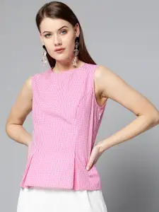 Besiva Women Pink & White Checked Pure Cotton Top
