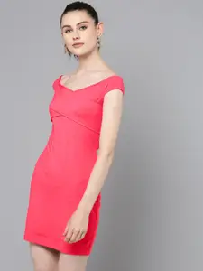 Besiva Women Pink Solid Off-Shoulder Mini Sheath Dress