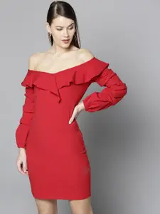 Besiva Women Red Solid Off-Shoulder Sheath Dress