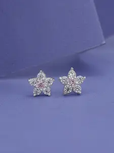 Carlton London Pink 925 Sterling Silver Stone-Studded Floral Studs