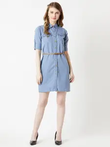 Miss Chase Women Lightweight Blue Solid Denim Knee Length Shirt Dress