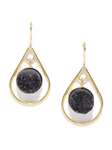 Blueberry Navy Blue Gold-Plated Agate-Studded Teardrop-Shaped Drop Earrings