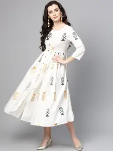 Varanga Off-White Geometric Printed Fit and Flare Dress