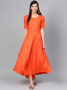 GERUA Women Orange & Golden Printed Maxi Dress