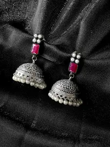 PANASH Silver-Plated & Pink Oxidised Jhumkas