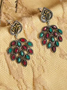 PANASH Silver-Plated & Red Oxidised Leaf Shaped Drop Earrings