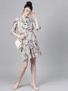 SASSAFRAS Grey & Green Floral Print Fit and Flare Dress
