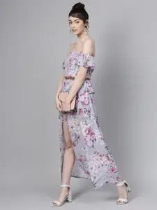 SASSAFRAS Grey Floral Printed High-Slit Maxi Dress