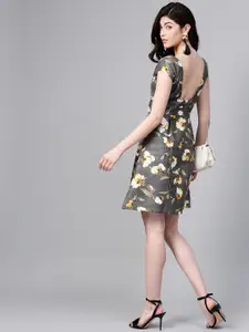 SASSAFRAS Women Charcoal Grey & Yellow Printed Fit and Flare Dress