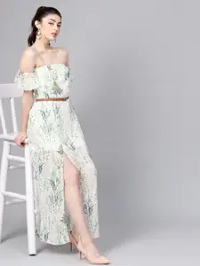 SASSAFRAS Off-White & Green Floral Printed Maxi Dress