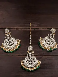 Zaveri Pearls Gold Toned & Green Set of Earrings & Maangtikka